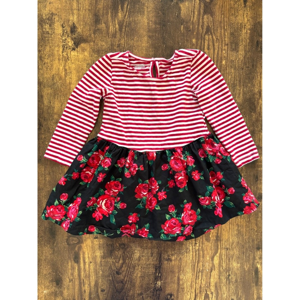 Toughskins Baby Girls Red White Striped Floral Rose Long Sleeve Dress 18 Months